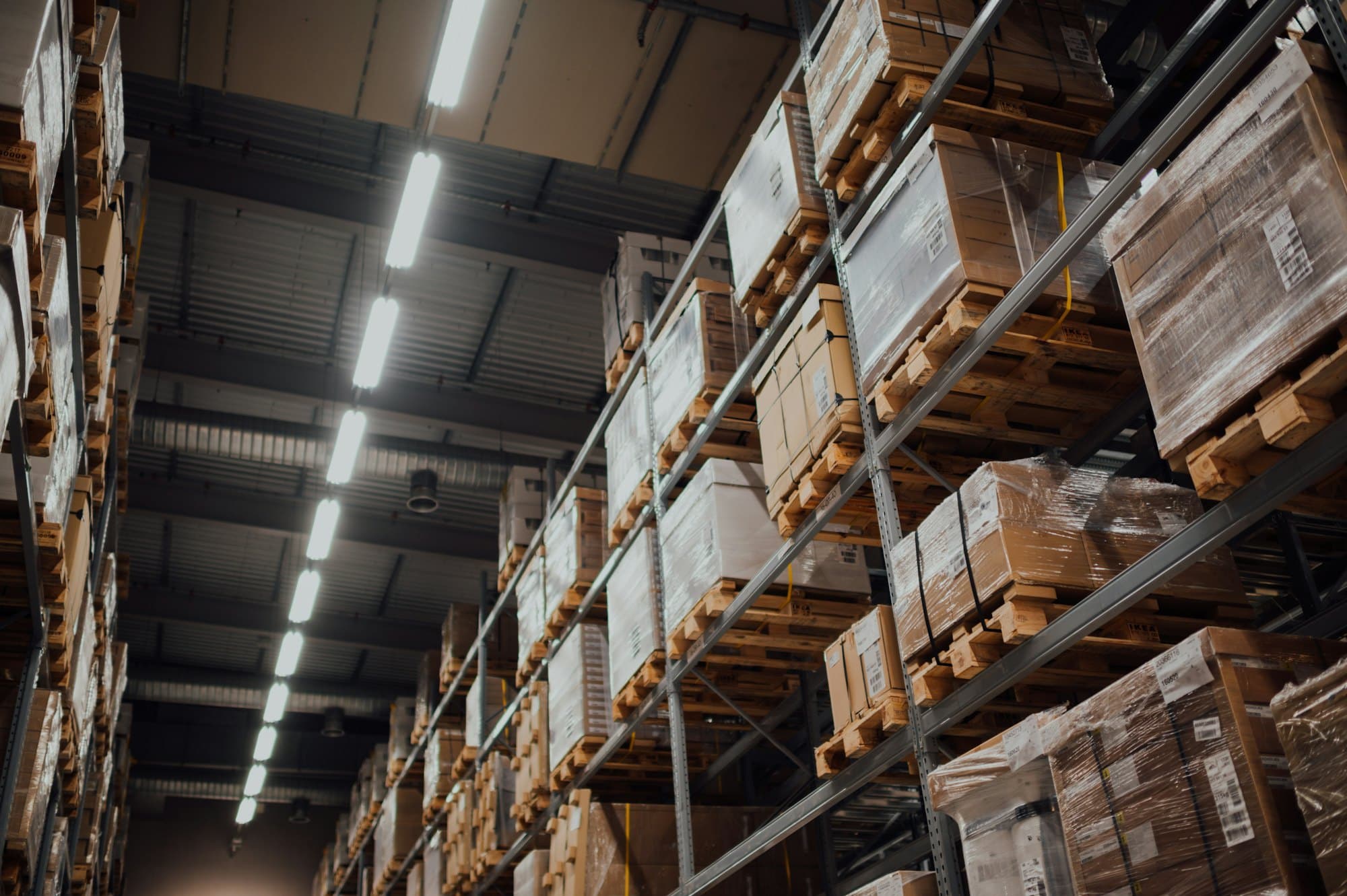 Warehouse racking stacked with palletized freight